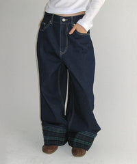 RONRON PATCH ROLL UP DENIM PANTS GREEN CHECK