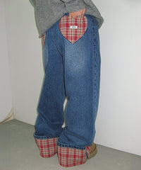 RONRON PATCH ROLL UP DENIM PANTS RED CHECK