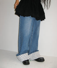 RONRON  PATCH ROLL UP DENIM PANTS WHITE DOT