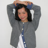 RONRON CHECK SHIRT POINTED KNIT CARDIGAN GREY