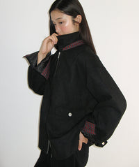RONRON CHECK CONTRAST SUEDE JACKET BLACK