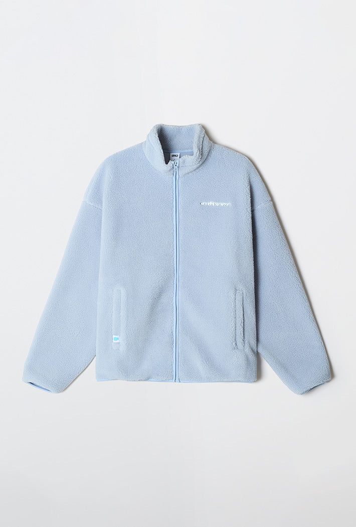 Light blue jacket with a brand logo on a light gray background