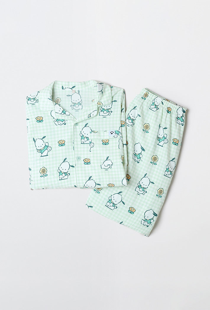 Children's pajama set with cartoon design on a light gray background