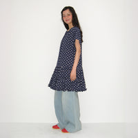 RONRON FRILL SHORT SLEEVE ONEPIECE DRESS NAVY WHITE DOT