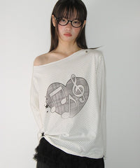 RONRON HEART MELODY OFF SHOULDER LONG SLEEVE WHITE DOT