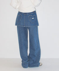 RONRON HEART POCKET DENIM SKIRT LAYERED PANTS MEDIUM BLUE
