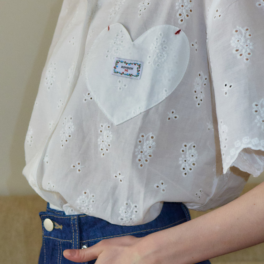 RONRON★韓国★人気★[SET] COTTON EYELET SCALLOP SHIRT SET UP RONRON COTTON EYELET SCALLOP STITCH HEART POCKET SHORT SHIRT