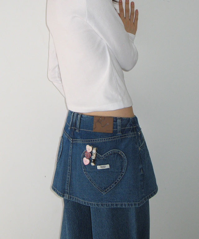 RONRON HEART POCKET DENIM SKIRT LAYERED PANTS MEDIUM BLUE