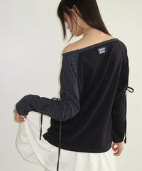 RONRON DOT BOAT NECK RIBBON STRING LONG SLEEVE NAVY