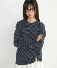 RONRON BUTTON MINI POCKET STRIPE LONG SLEEVE NAVY