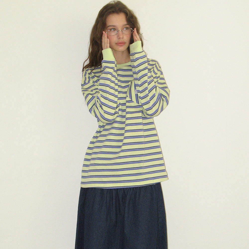 Tシャツ・カットソー RONRON HEART POCKET OVER FIT LONG SLEEVE T SHIRT CHARCOAL RONRON MULTI STRIPE HEART POCKET OVER FIT LONG SLEEVE T