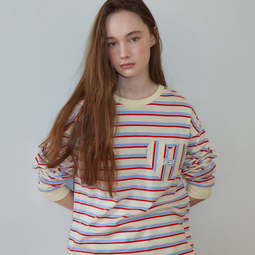 RONRON MULTI STRIPE HEART POCKET OVER FIT LONG SLEEVE T