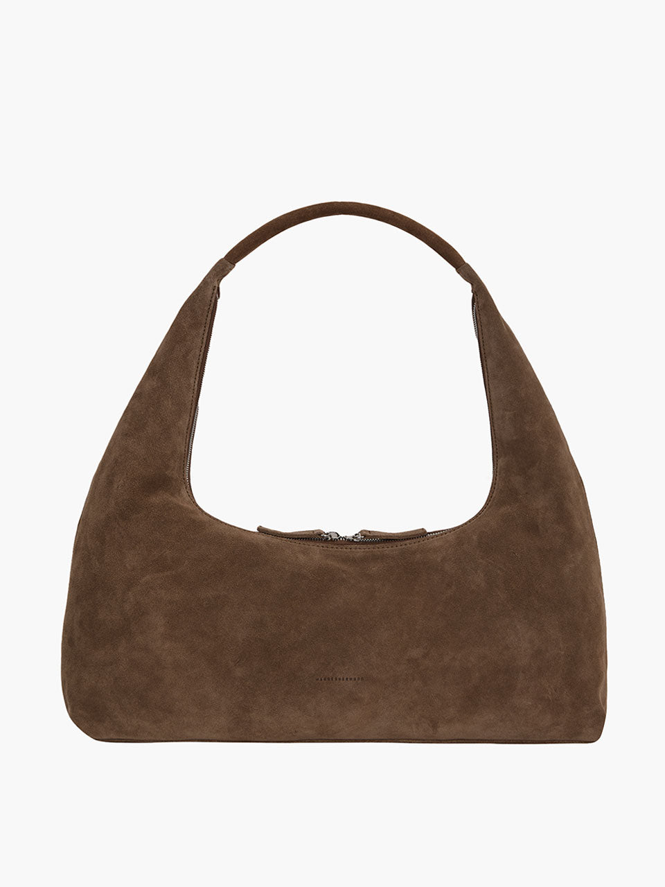 Brown suede handbag on a white background