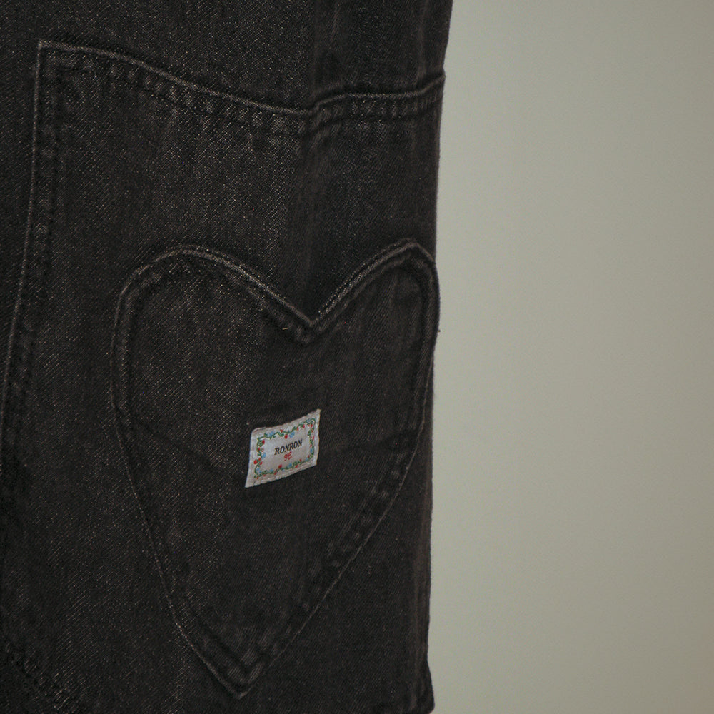 RONRON CARGO HEART STITCH POCKET DENIM LONG SKIRT BLACK