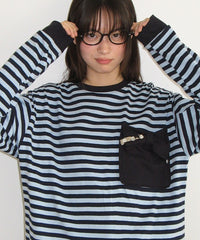 RONRON RIBBON POCKET STRIPE LONG SLEEVE NAVY BLUE