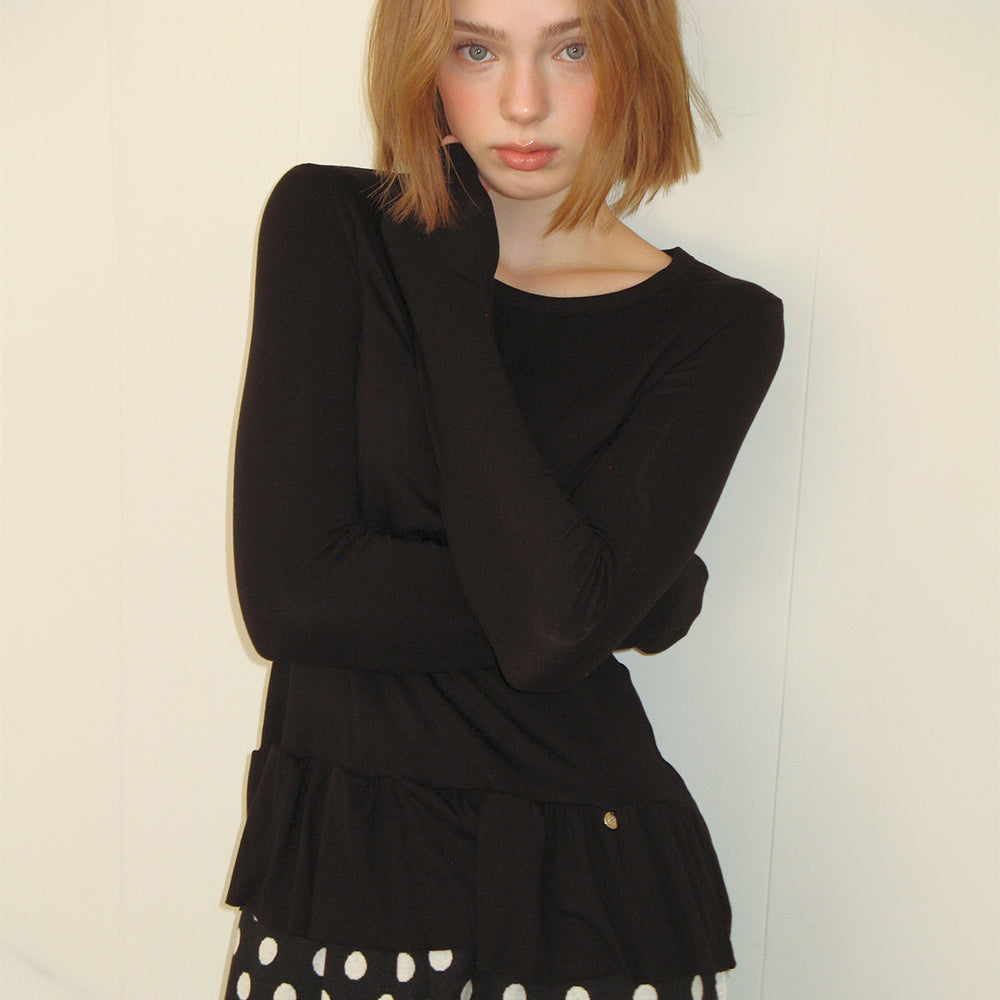 RONRON PENDANT RUFFLE LAYERED SLIM LONG SLEEVE BLACK