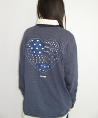 RONRON MULTI PATTERN HEART STRIPE LONG SLEEVE NAVY