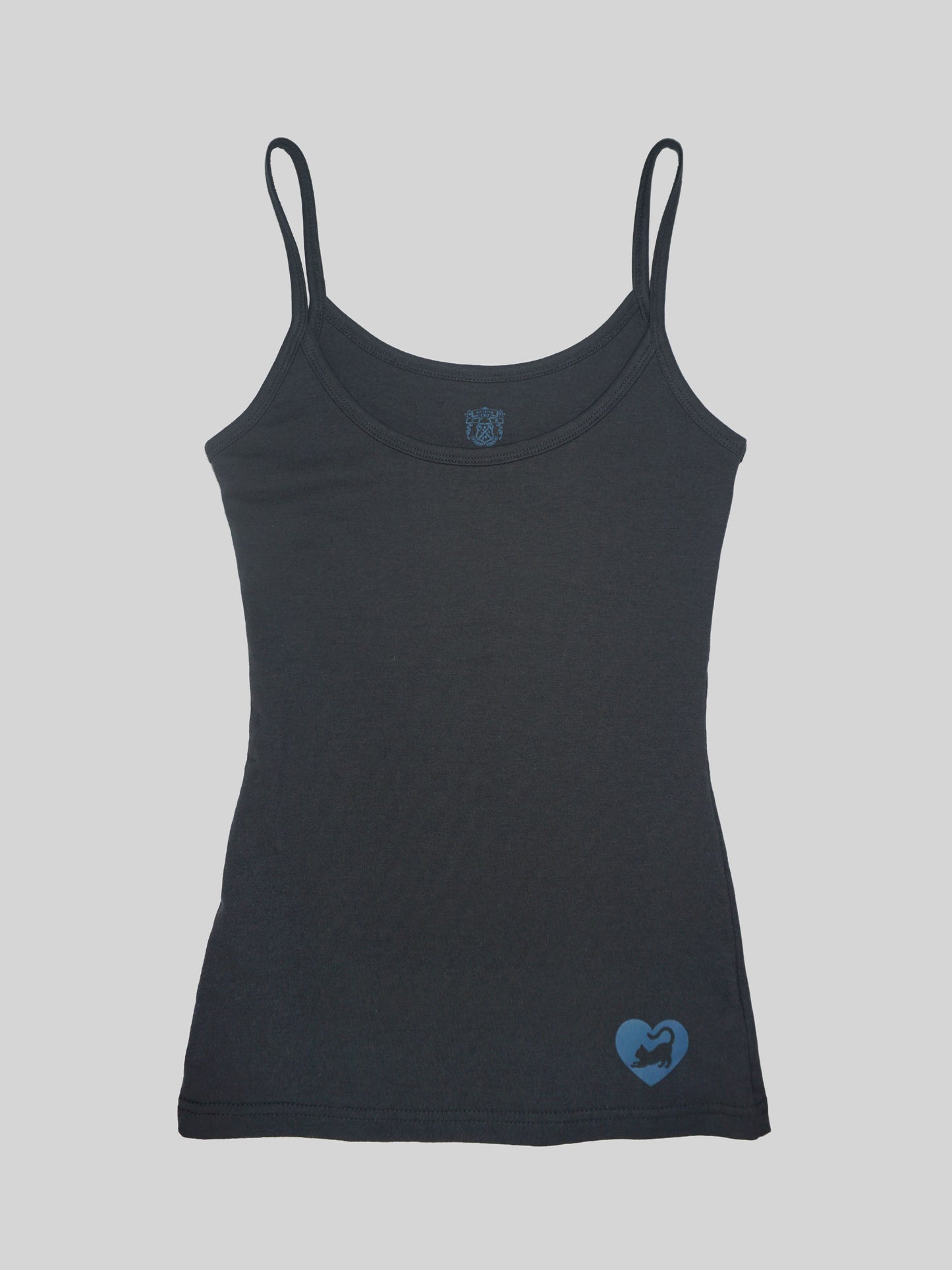 Black tank top with a heart logo on a gray background