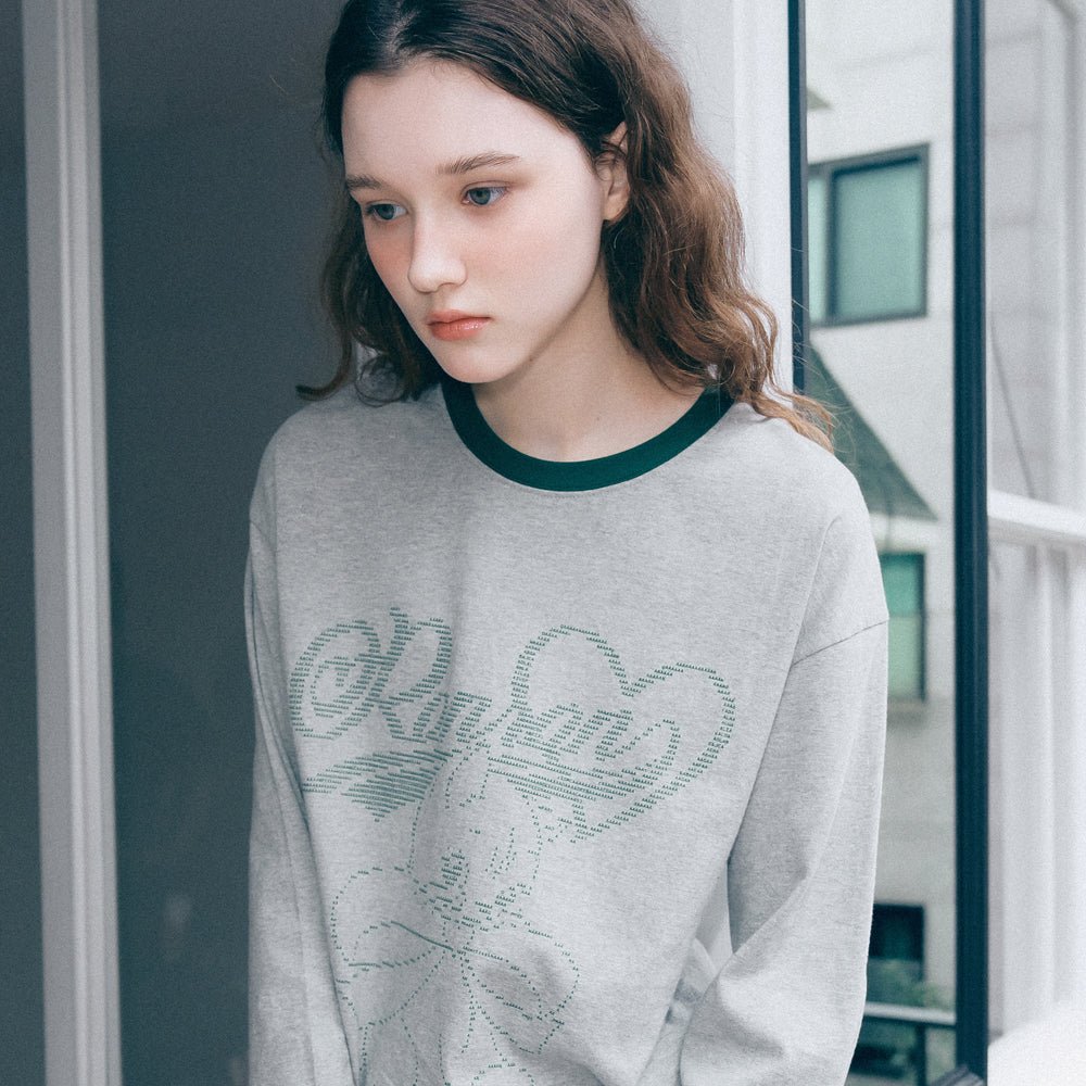 [RONRON]ALPHABET SKETCH CAT RINGER LONG SLEEVE Tシャツ★24AW RONRON ALPHABET SKETCH CAT RINGER LONG SLEEVE GREY GREEN
