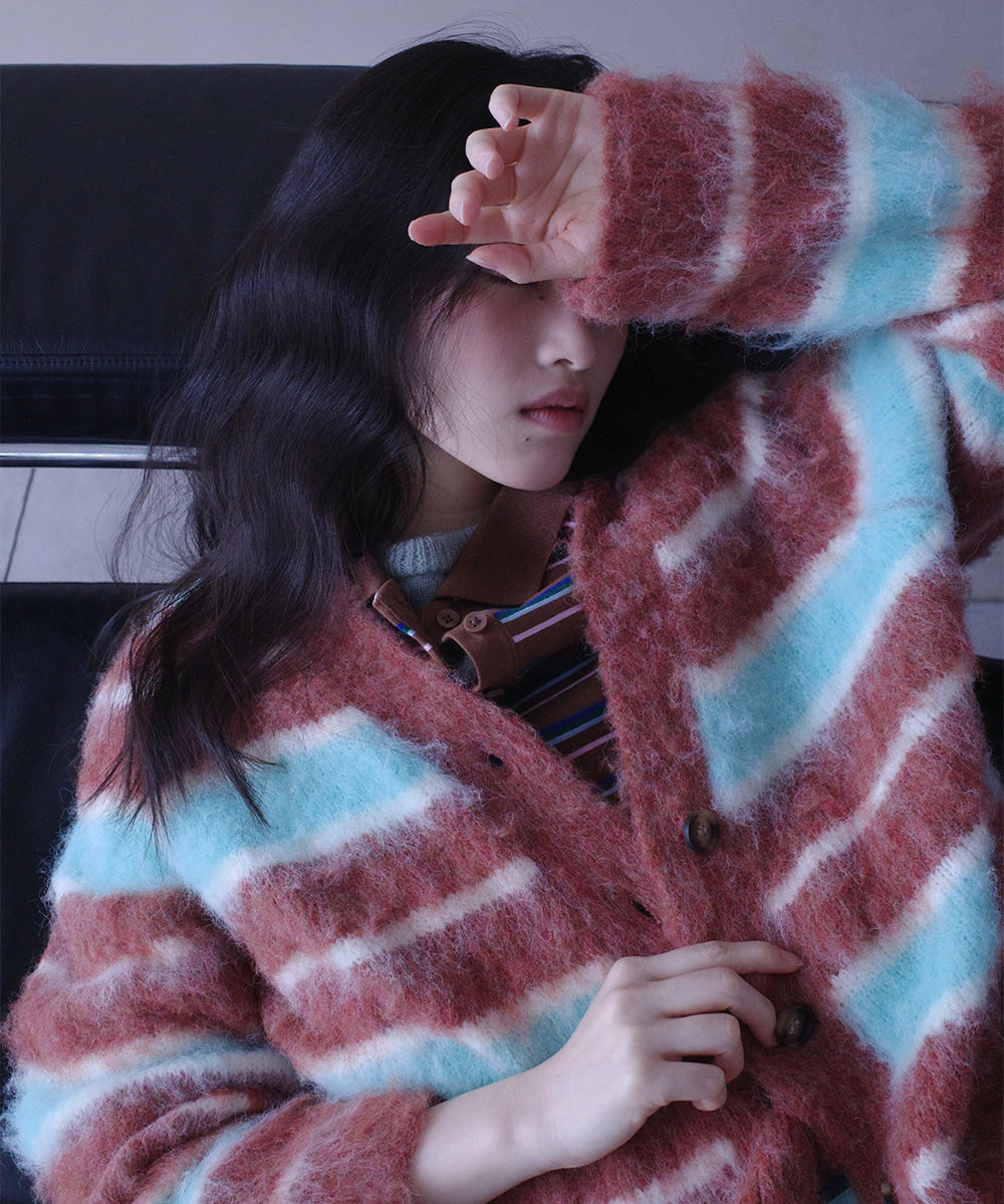 Rockfish Stripe Shaggy Knit Cardigan Mint Brown S