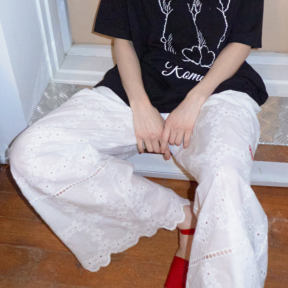 パンツ RONRON COTTON EYELET SCALLOP PENDANT DROP BANDING PANTS WHIT RONRON COTTON EYELET SCALLOP PENDANT DROP BANDING PANTS