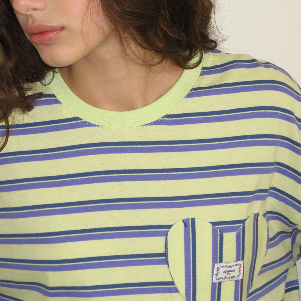 RONRON ♥ MULTI STRIPE POCKET LONG SLEEVE T SHIRT RONRON MULTI STRIPE HEART POCKET OVER FIT LONG SLEEVE T
