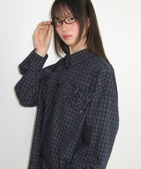 RONRON RIBBON 2 POCKET LOOSE FIT CHECK SHIRT NAVY GREEN