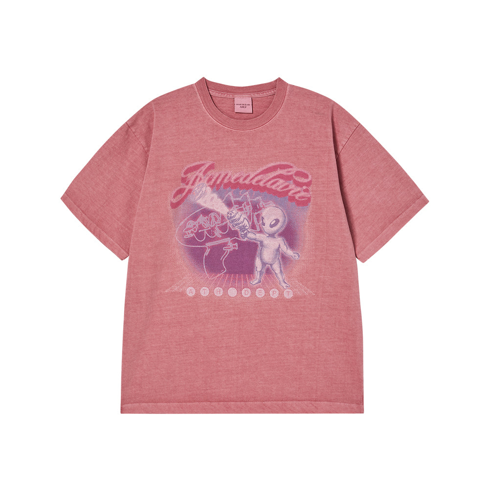 ADLV Pigment Shooting Alien Graphic Short Sleeve T-Shirt – Dark Pink – Front View