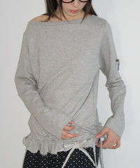 RONRON OFF SHOULDER SHIRRING LONG SLEEVE GREY